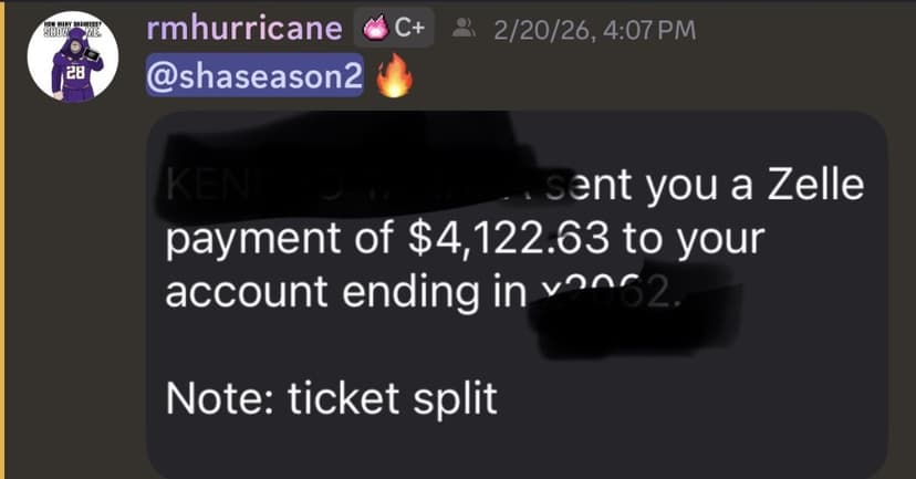 Zelle payment for ticket split — real payout 1