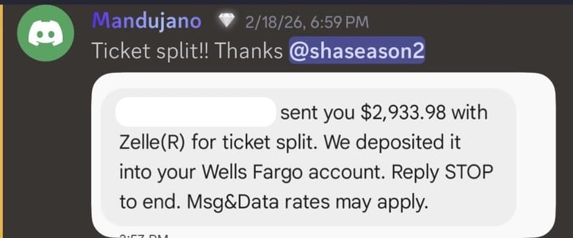 Zelle payment for ticket split — real payout 2