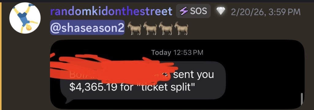 Payment for ticket split — $4,365.19