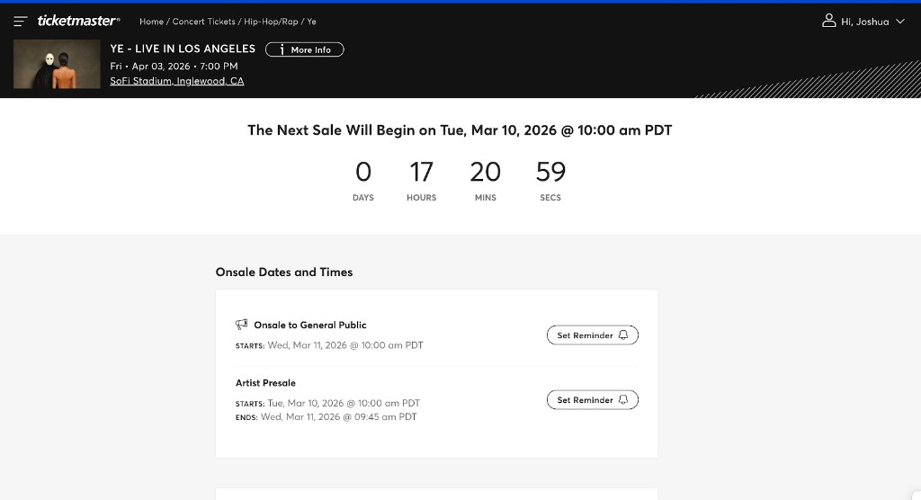 Ticketmaster event page with countdown timer and onsale dates