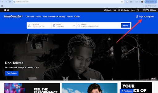 Sign in to Ticketmaster — click Sign In/Register in the top right
